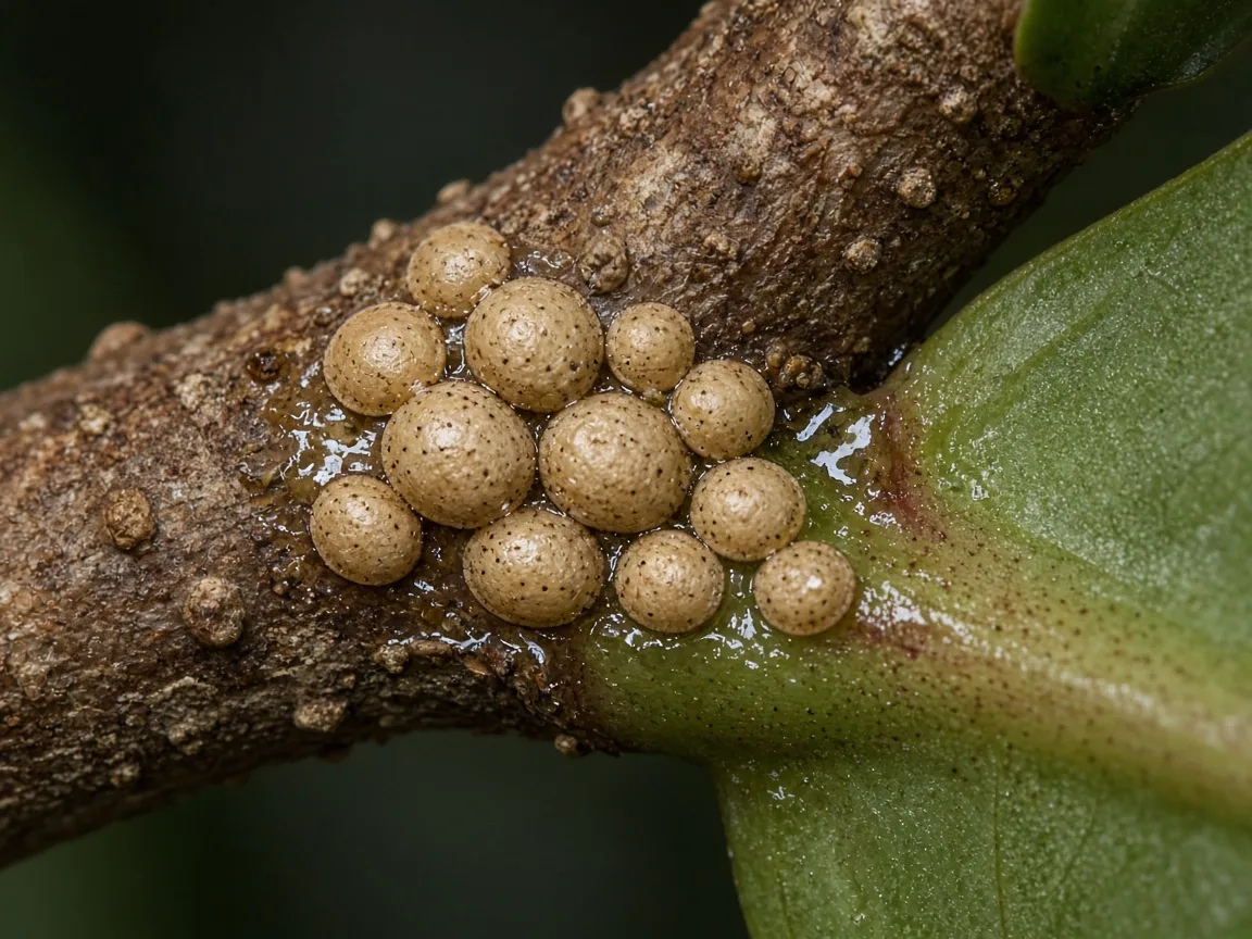 Close-up of scale insects on fiddle leaf fig - tan dome-shaped bumps at leaf axil with sticky honeydew on glossy leaf