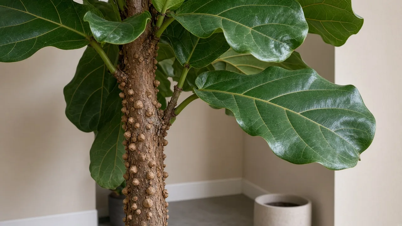 Scale insects on fiddle leaf fig - tan bumps along woody stem and leaf axils on violin-shaped leaves