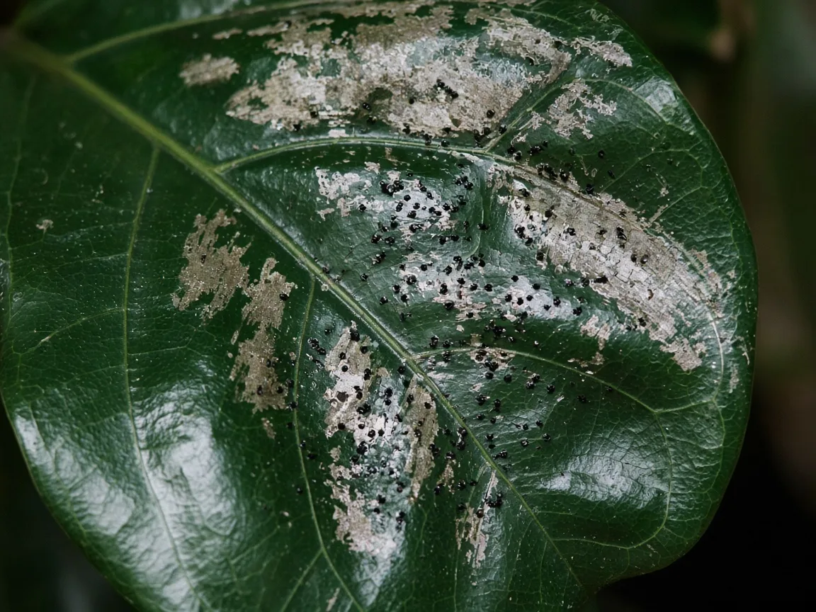 Close-up of thrips damage on fiddle leaf fig - silvery streaks on glossy violin-shaped leaf with black frass specks
