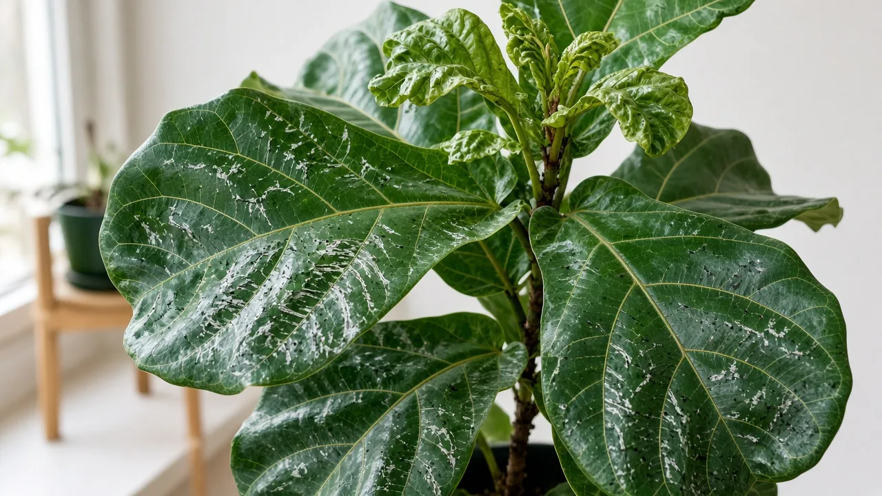 Thrips on fiddle leaf fig - silvery scrape marks on large glossy violin-shaped leaves with black frass specks