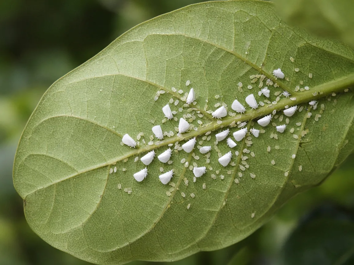 Close-up of whiteflies on fiddle leaf fig - flat pale nymph disks on leaf underside with honeydew on glossy violin-shaped blade
