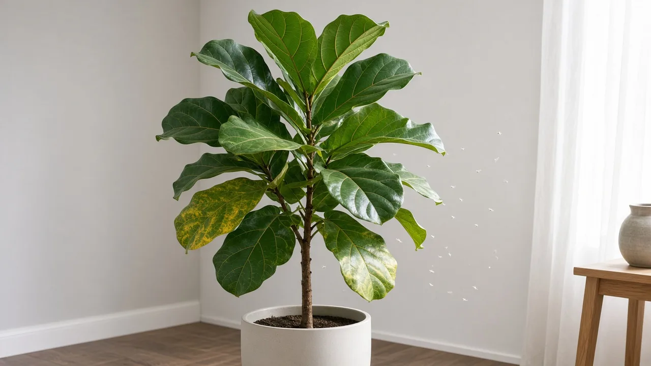 Whiteflies on fiddle leaf fig - tiny white insects on leaf undersides of large violin-shaped leaves