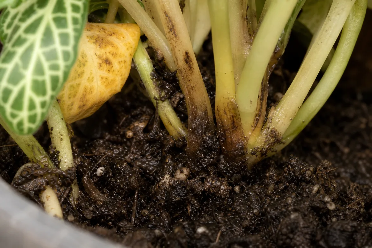 Close-up of Root Rot on Fittonia - diagnostic detail