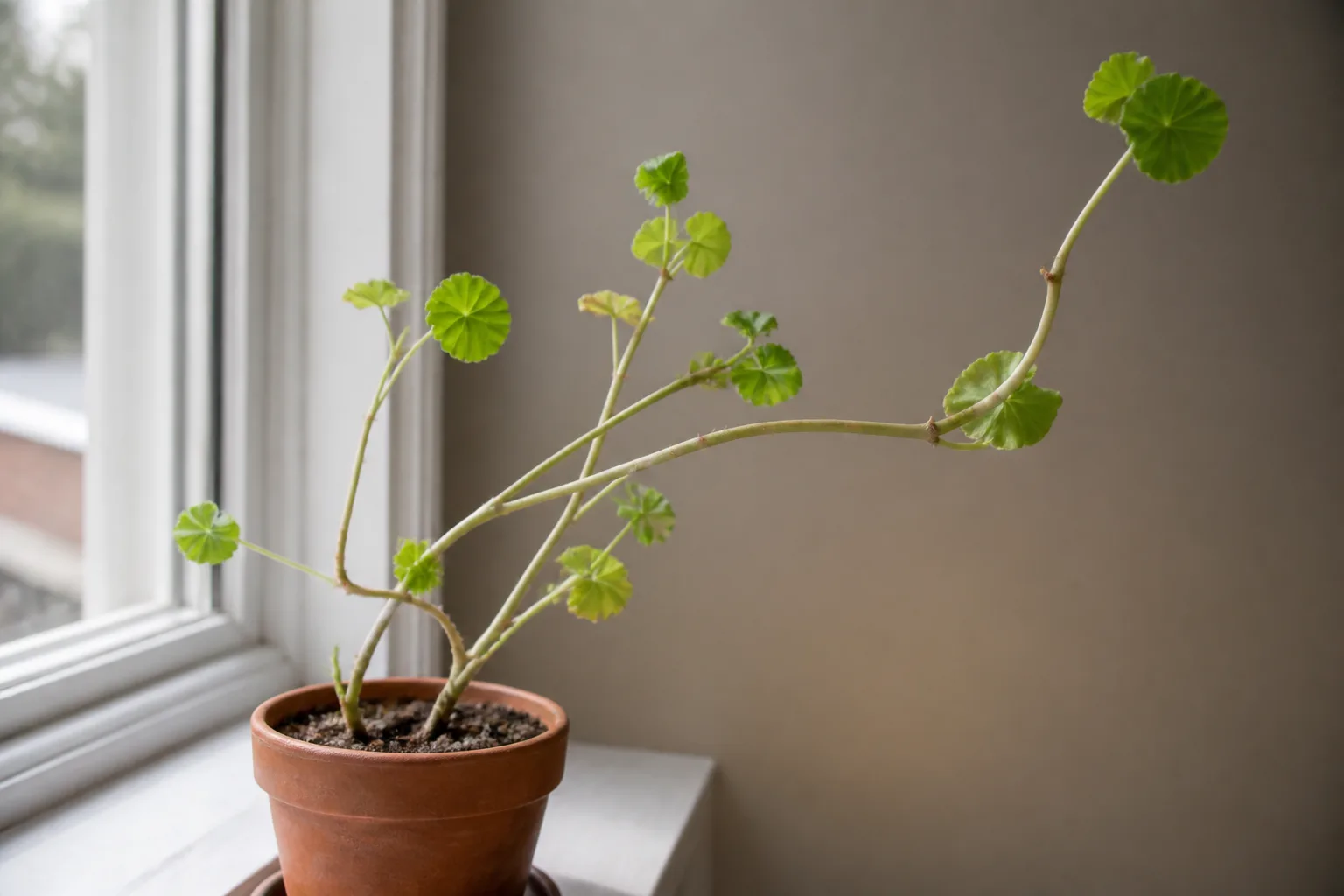 Leggy Growth on Geranium - visible symptom on the plant