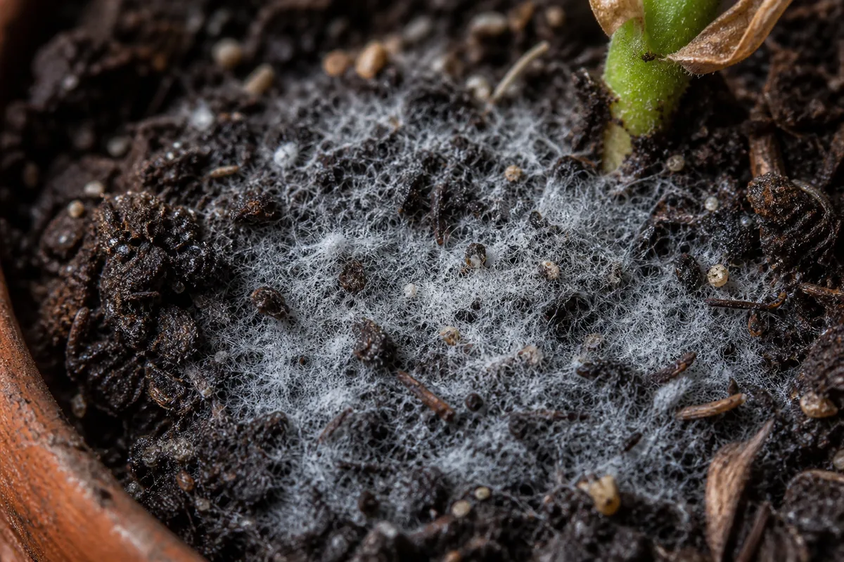 Close-up of Mold on Soil on Geranium - diagnostic detail