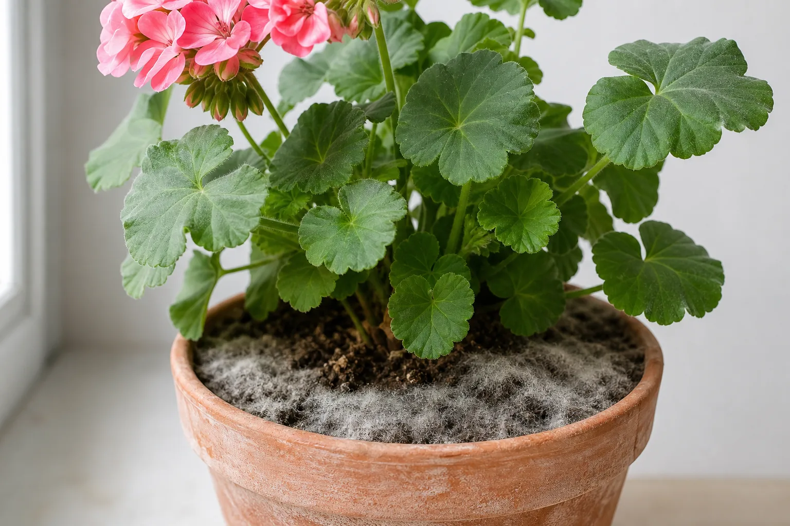 Mold on Soil on Geranium - visible symptom on the plant