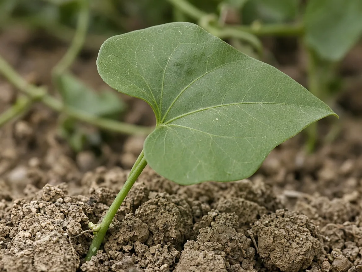 Close-up of underwatering on Giloy — dry mix at the stem base and limp heart-shaped leaf