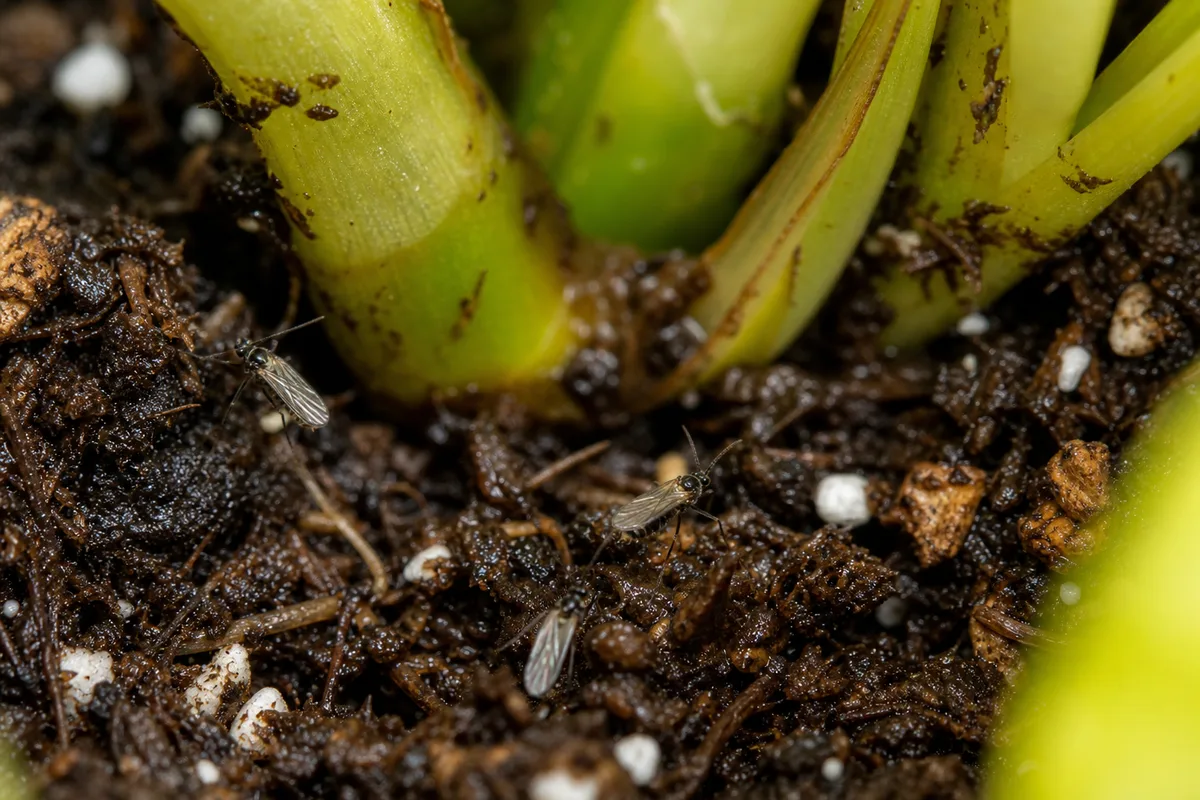 Close-up of Fungus Gnats on Golden Pothos - diagnostic detail