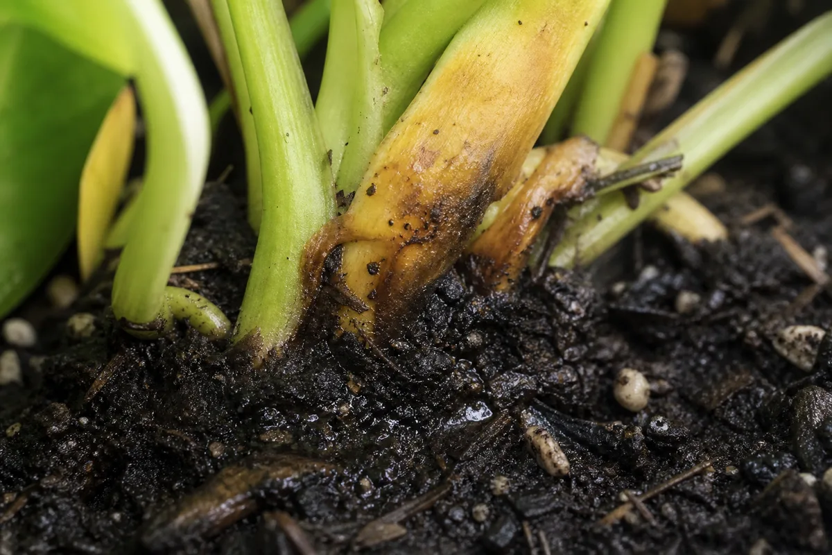 Healthy versus rotten roots on a golden pothos after unpotting