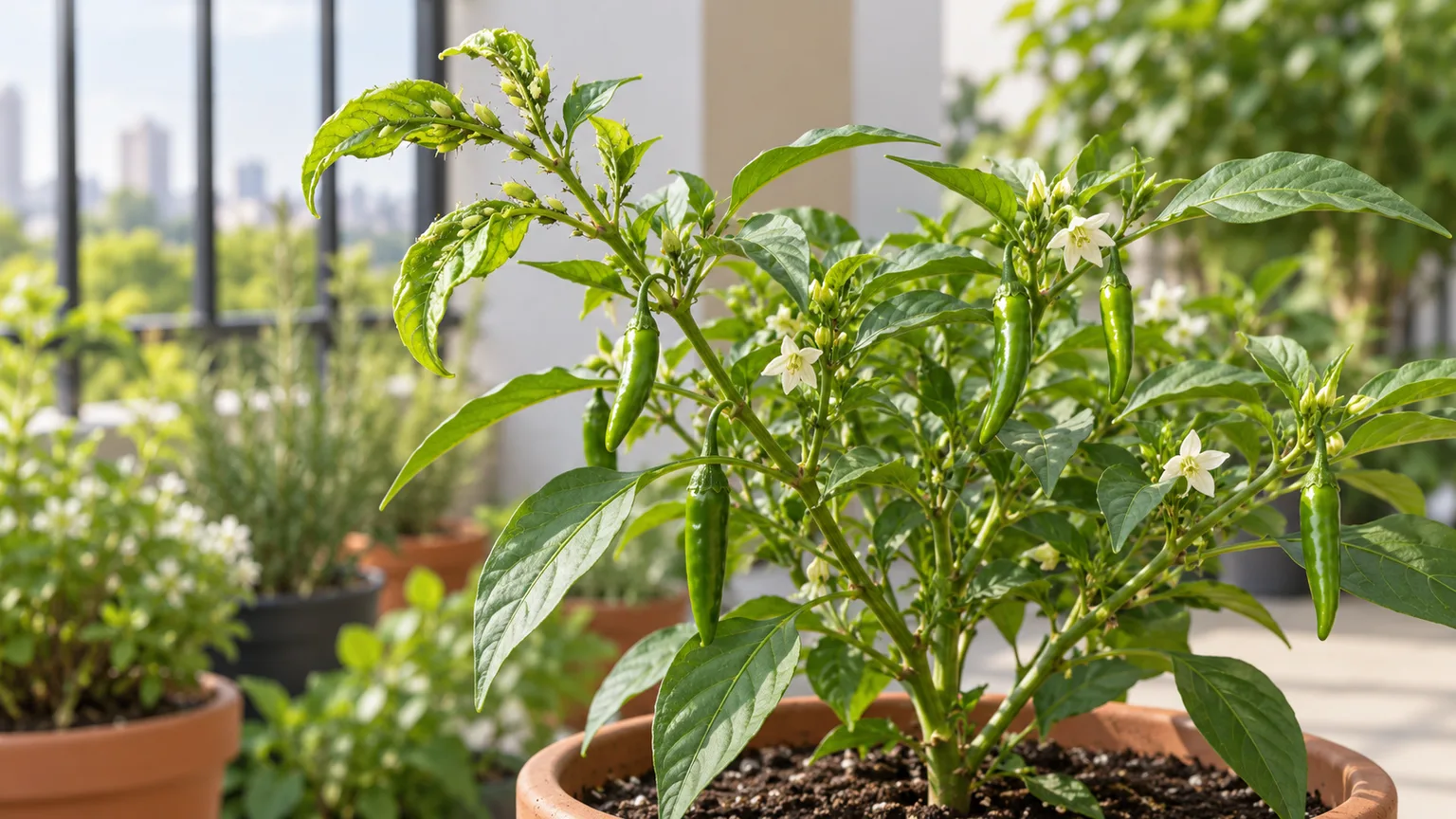 Aphids on Green Chilli - a small colony on a tender shoot with mild leaf curling