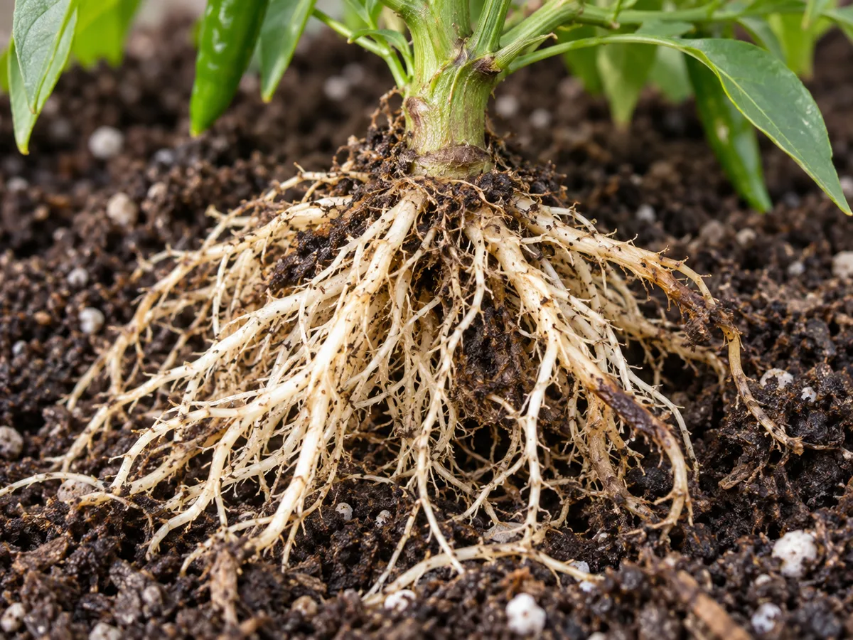 Close view of a Green Chilli rootball with a few soft brown roots among firm pale roots