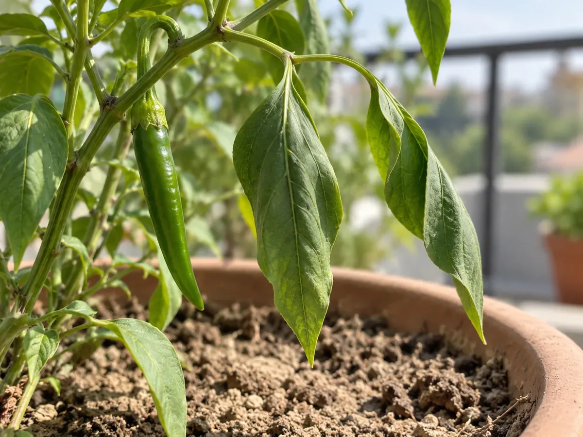 Close-up of mildly drooping Green Chilli leaves beside dry potting mix