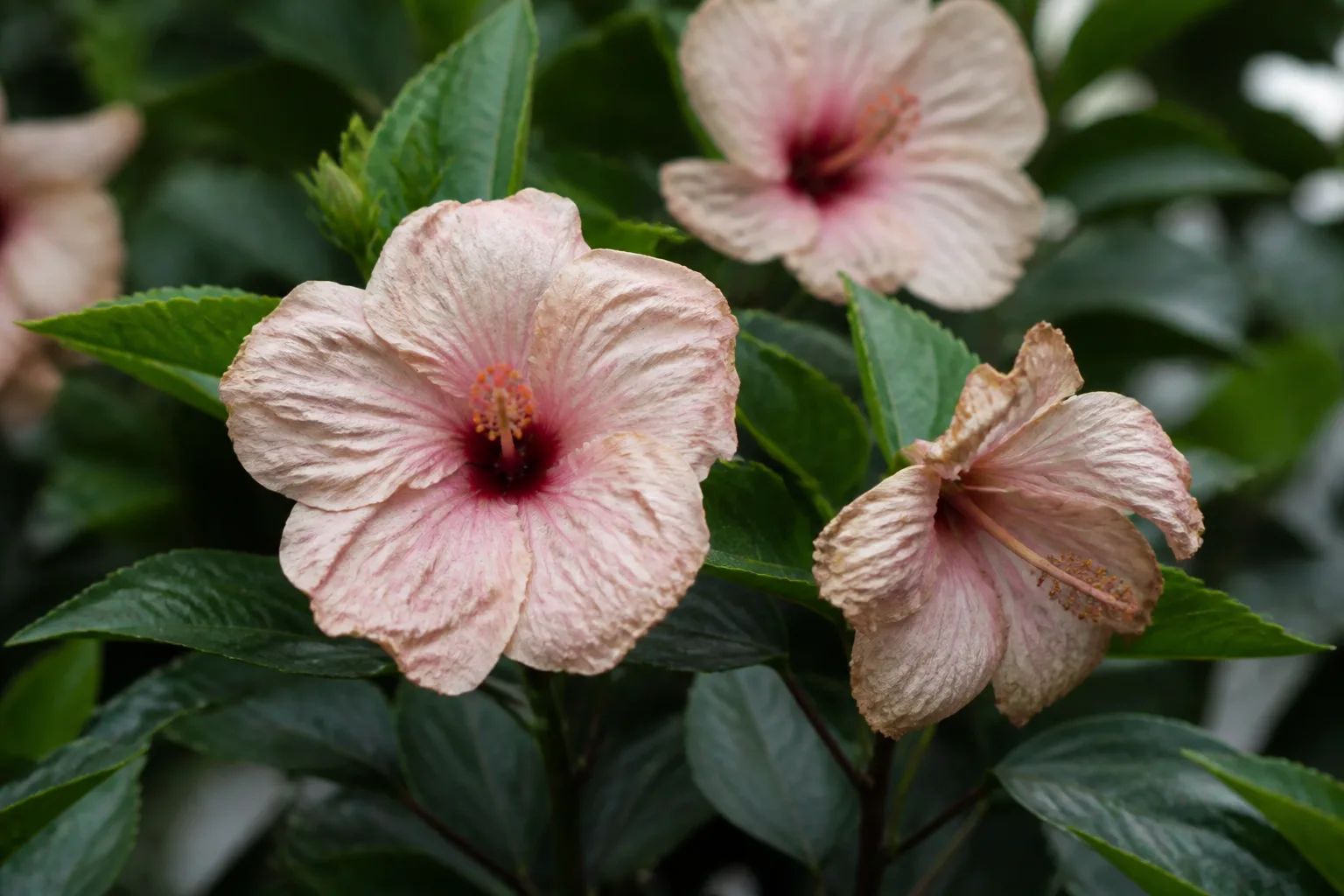 Hibiscus example: open flower color washed on the sun-facing side