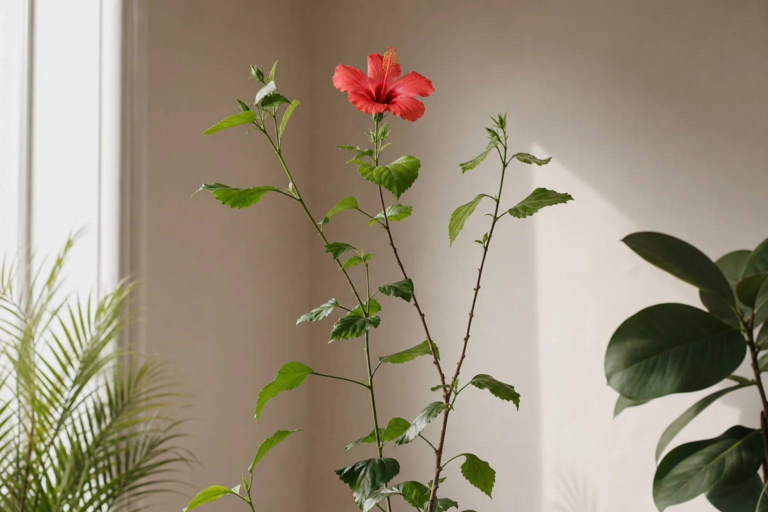 Leggy tropical hibiscus with long internodes and few buds from insufficient light