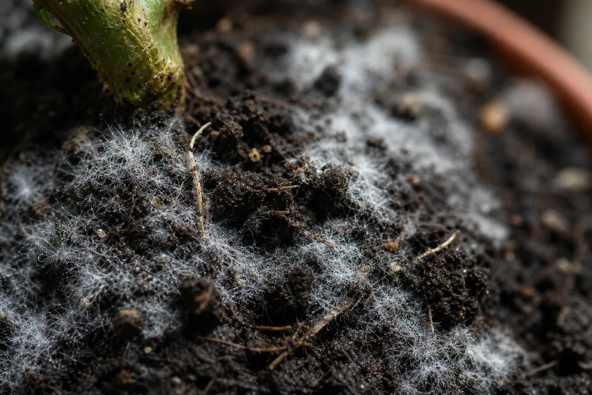 Close-up of Mold on Soil on Hibiscus - diagnostic detail