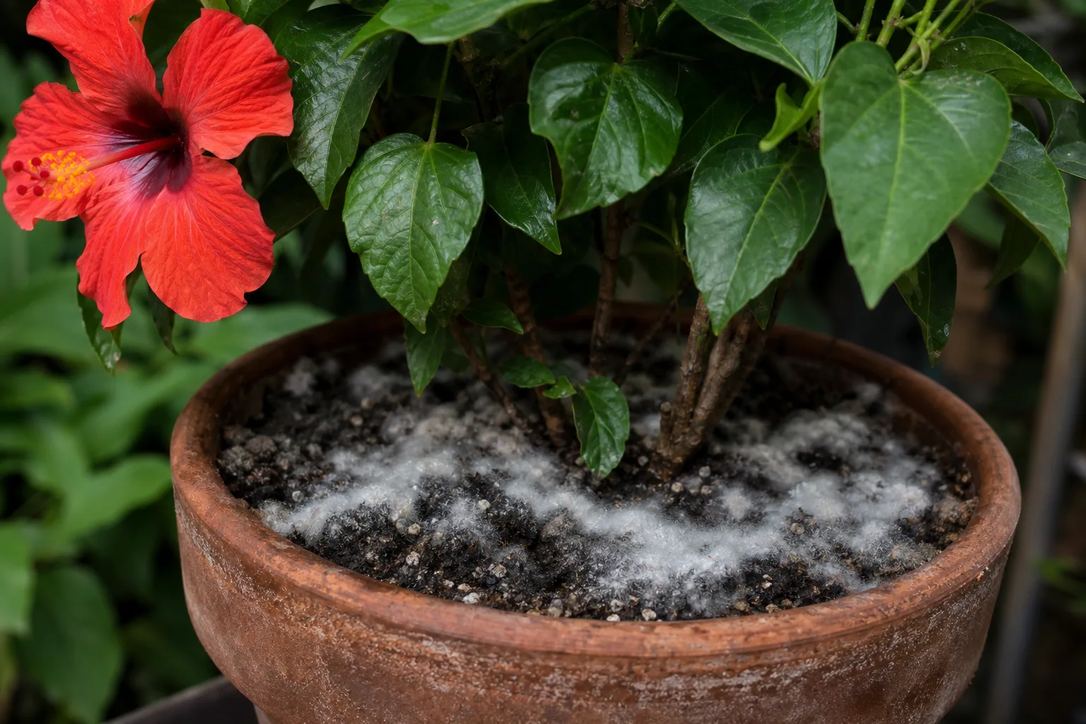 Mold on Soil on Hibiscus - visible symptom on the plant