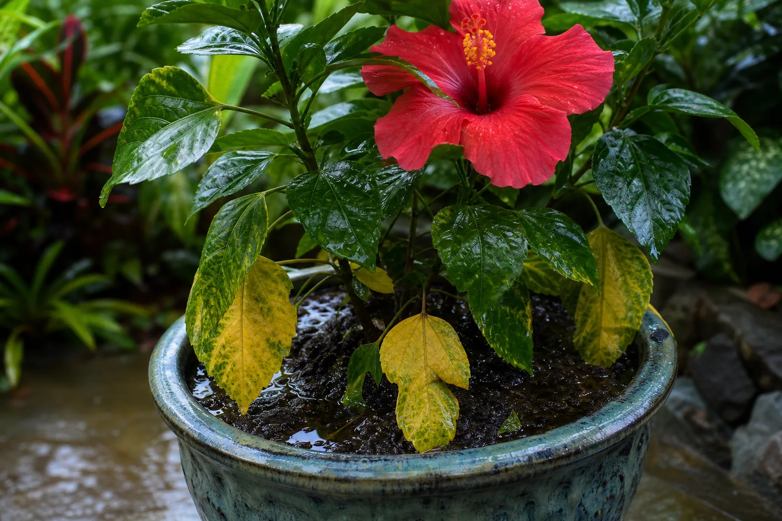 Overwatered tropical hibiscus with yellowing leaves on a still-heavy wet pot