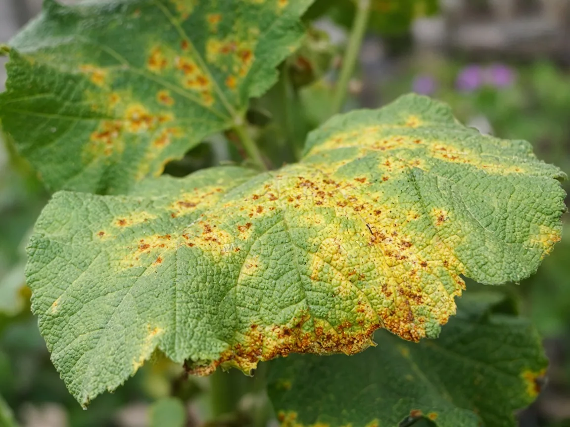 Orange rust pustules on the underside of a hollyhock leaf