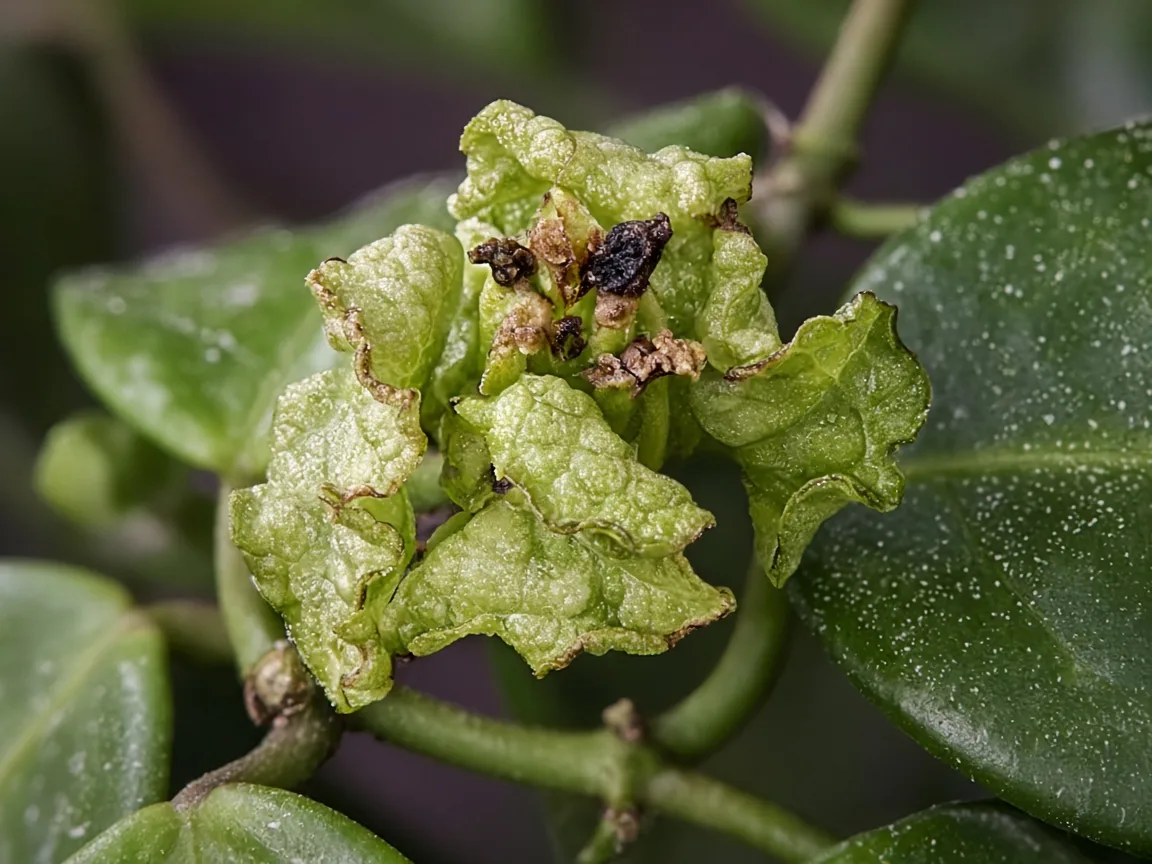 Close-up of calcium deficiency on hoya - crinkled new wax leaf at vine tip