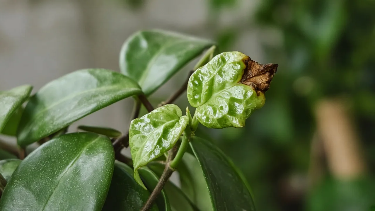Calcium deficiency on hoya - distorted new wax leaf at vine tip