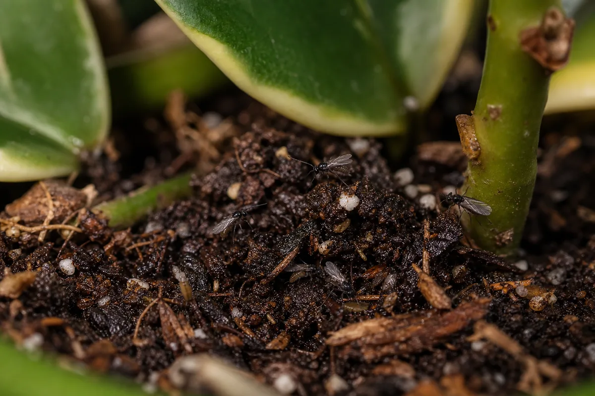 Close-up of Fungus Gnats on Hoya Carnosa - diagnostic detail
