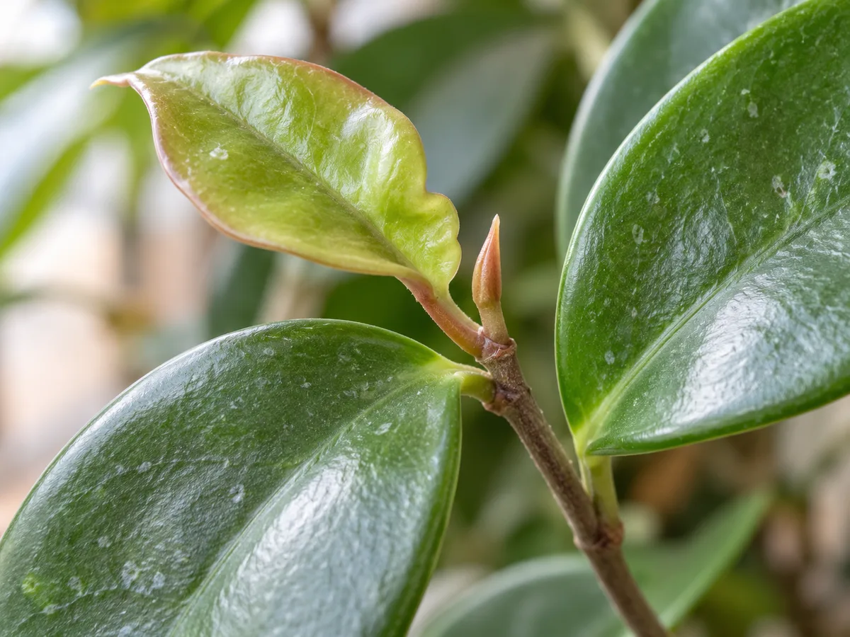 Close-up of a Hoya shoot with a puckered new leaf beside healthy mature leaves