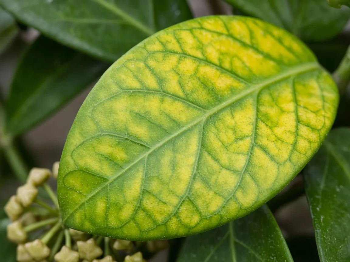 Close-up of magnesium deficiency on hoya - interveinal chlorosis on firm wax leaf