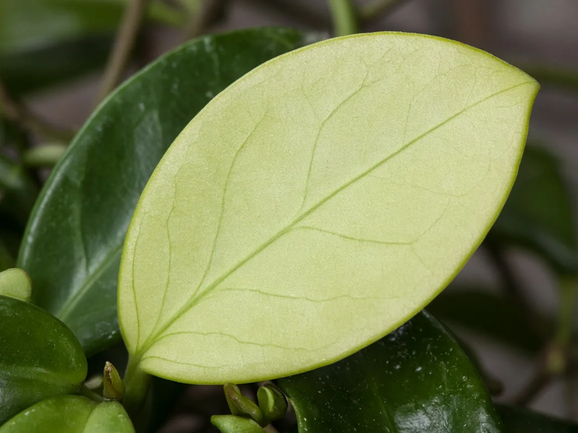 Close-up of nitrogen deficiency on hoya - uniform pale chlorosis on older wax leaf