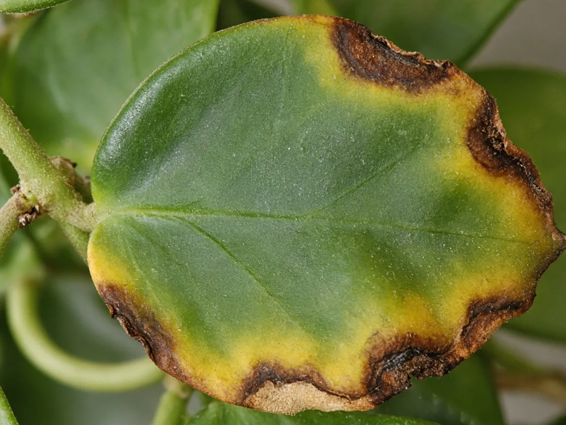 Close-up of potassium deficiency on hoya - scorched margins on older wax leaf