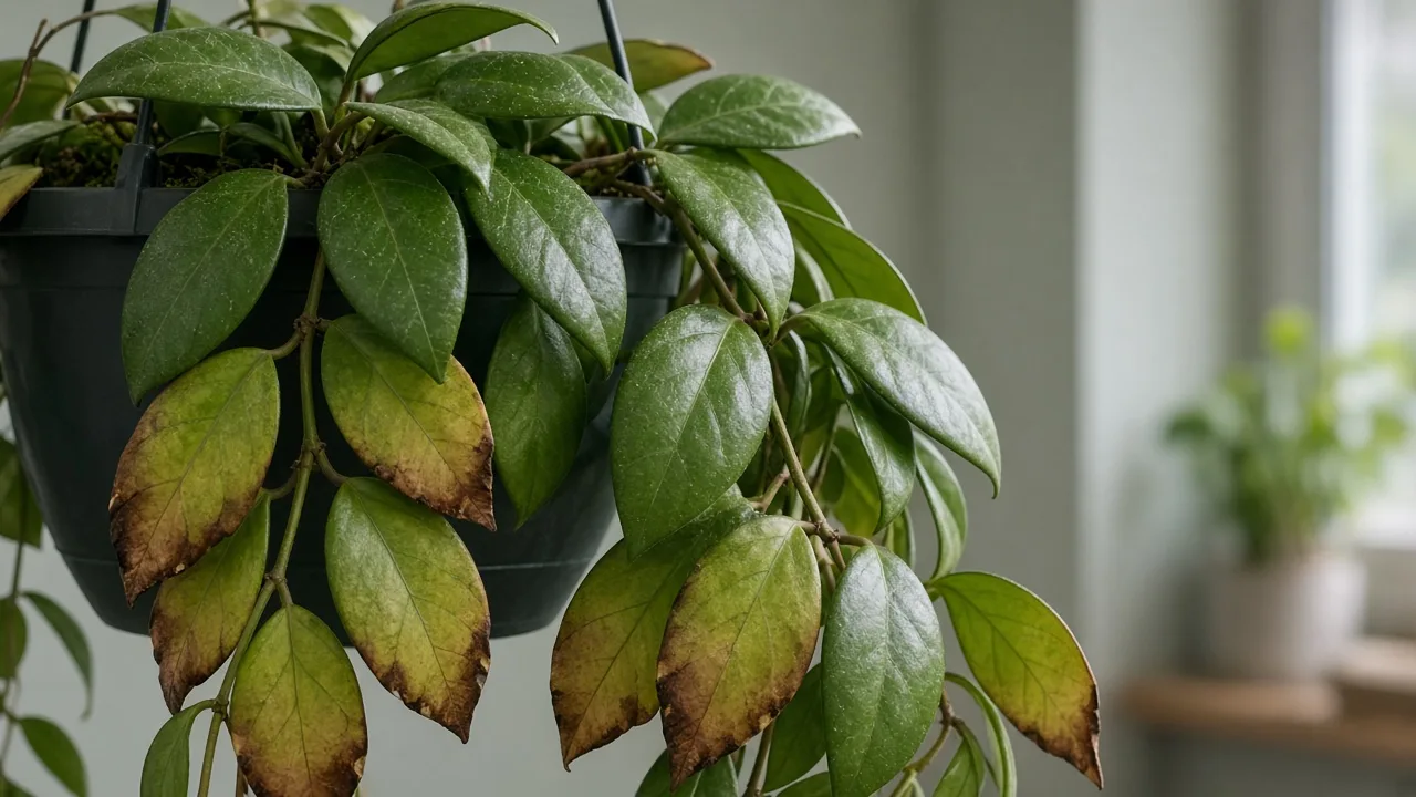 Potassium deficiency on hoya - scorched margins on older wax leaves