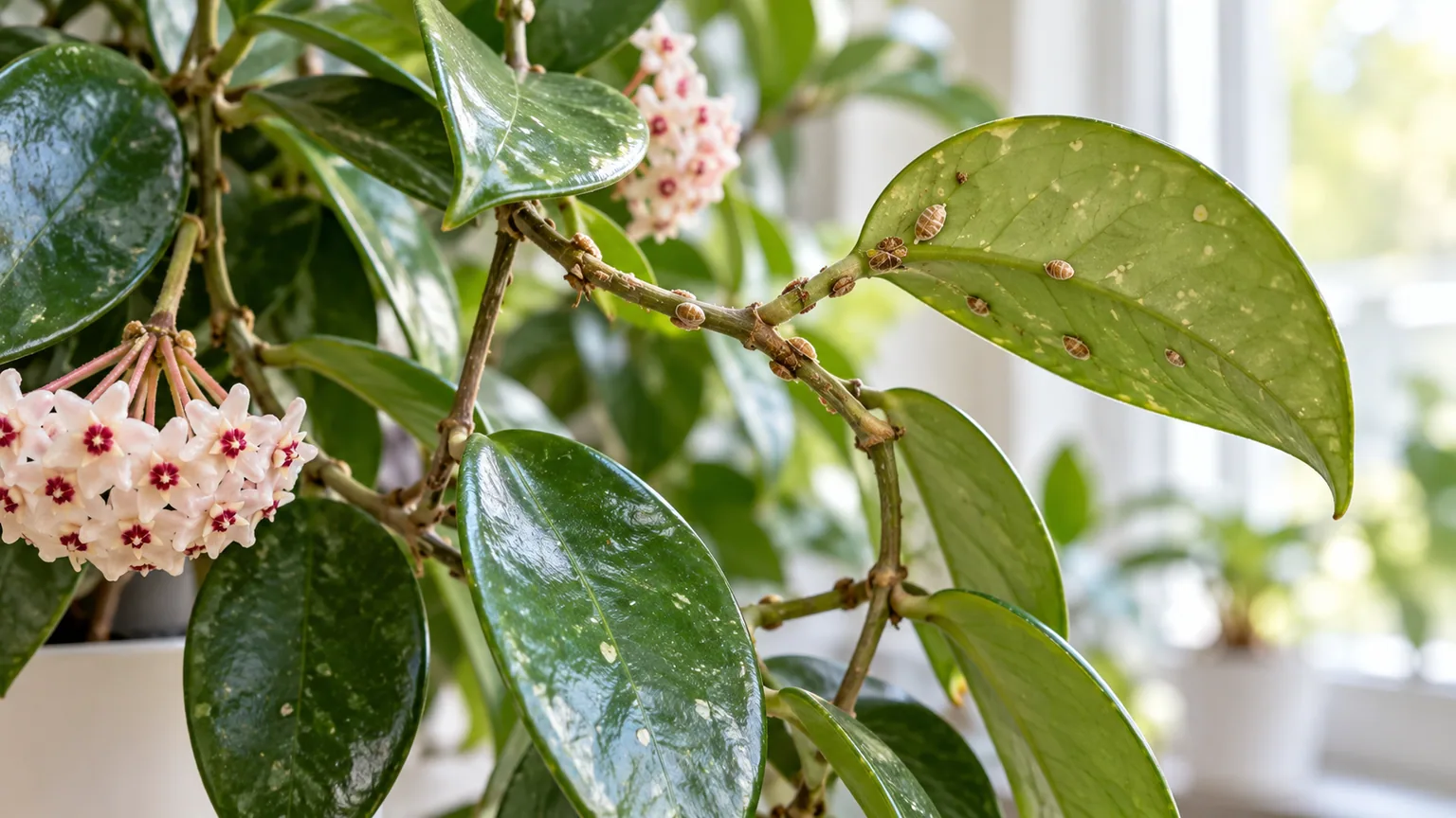 Mild scale infestation on Hoya carnosa, with tan-brown covers along a vine and leaf underside