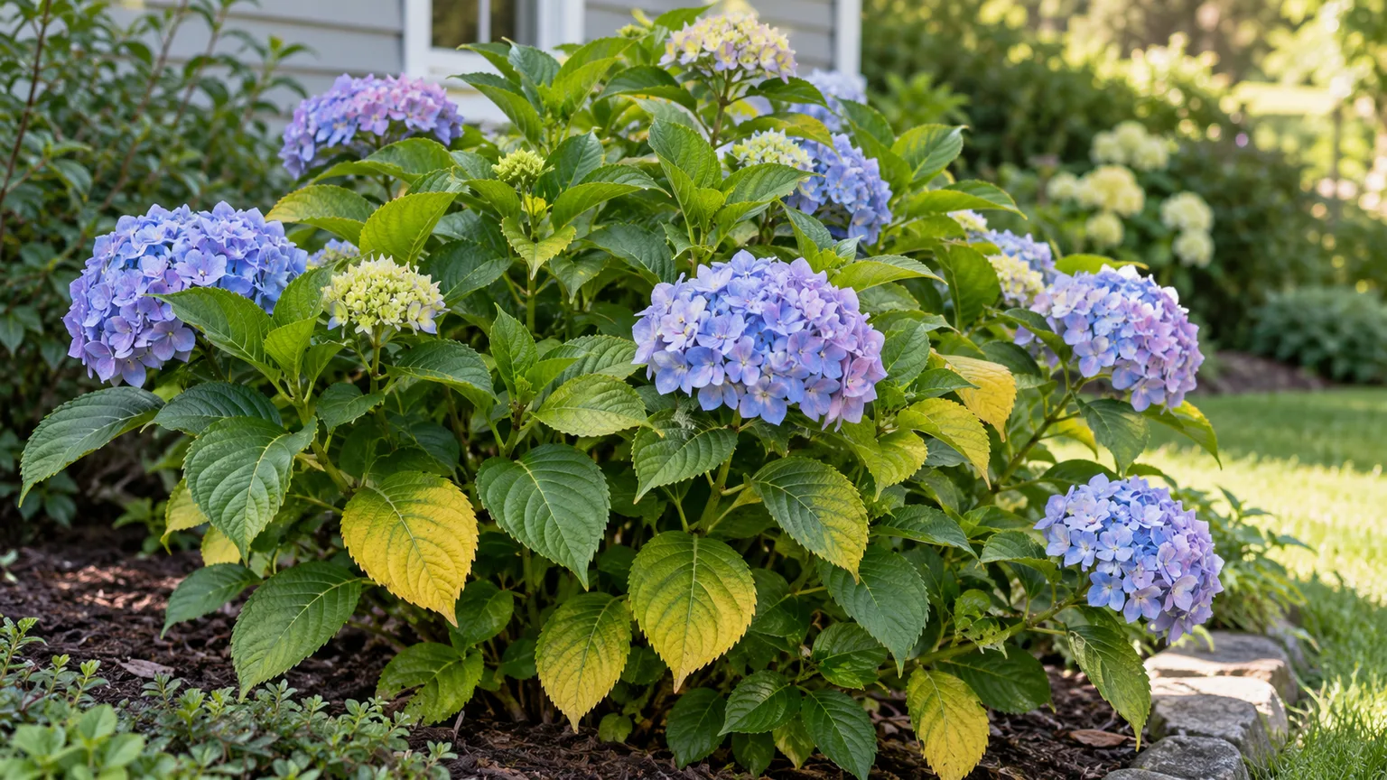 Bigleaf hydrangea with several yellowing leaves among healthy green foliage