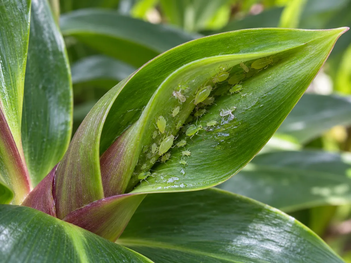 Close view of small green aphids clustered inside an Insulin Plant's unfurling spiral leaf