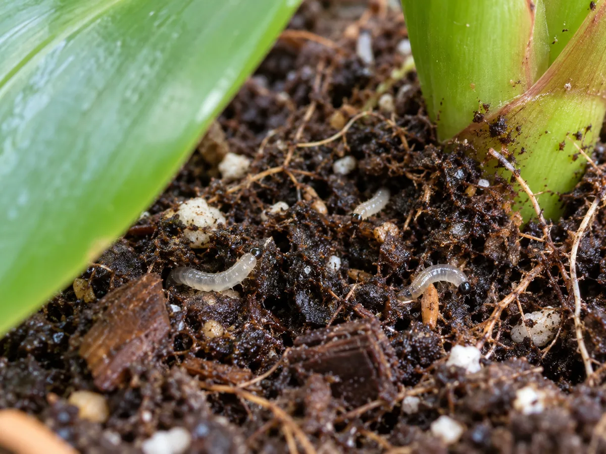 Close-up of pale fungus gnat larvae with dark heads in the top layer of an Insulin Plant's potting mix