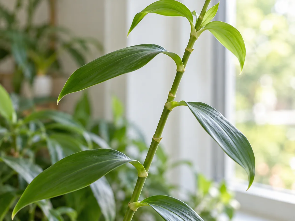 Insulin Plant stems with long gaps between spiral leaves and a slight lean toward the window