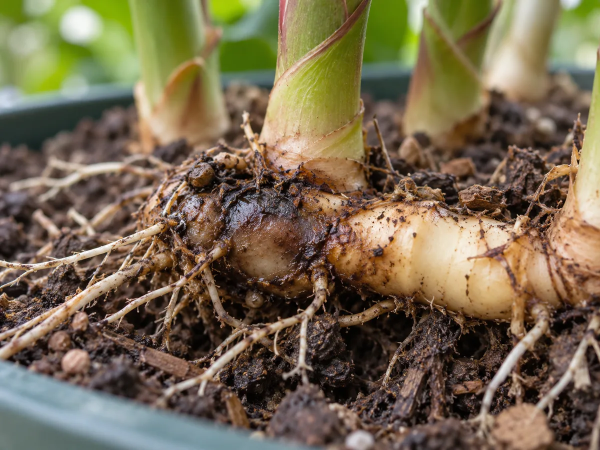 Close view of an Insulin Plant rhizome with a firm pale section beside a softened dark area
