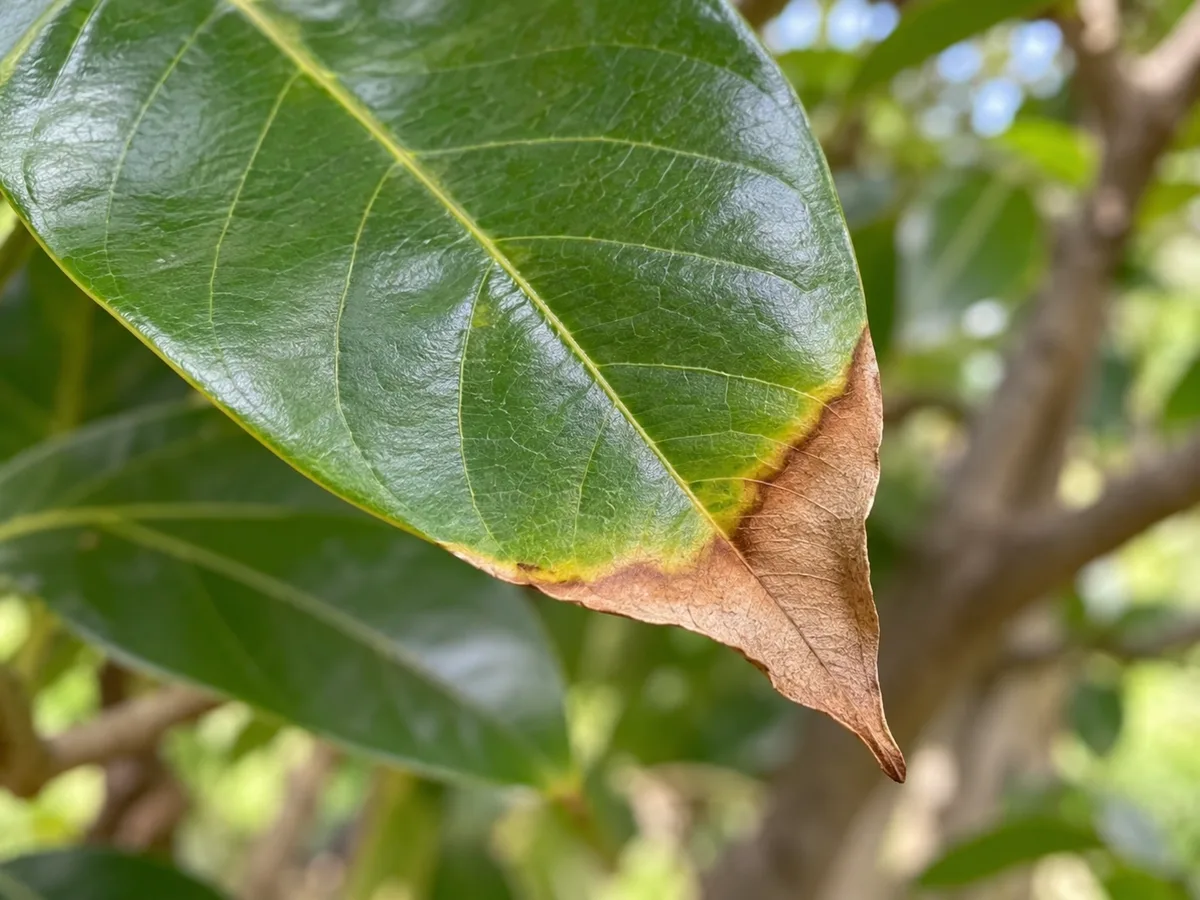 Close-up of dry brown tips on broad Jackfruit leaves