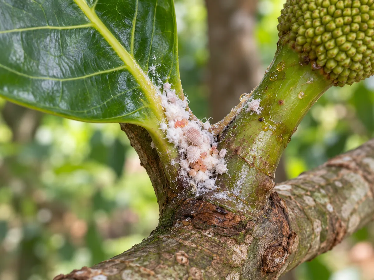 Close view of waxy mealybugs in a Jackfruit leaf axil beside a fruiting stem