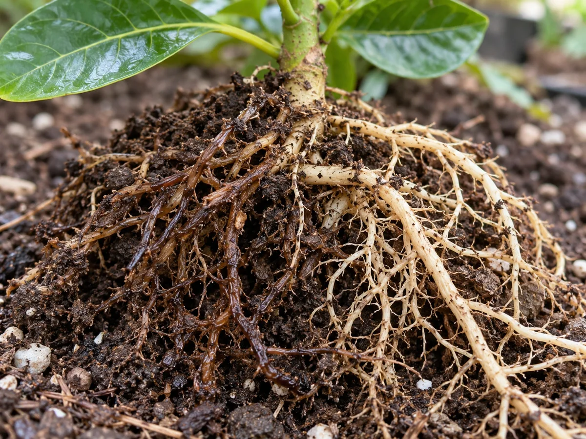 Close view of a Jackfruit seedling root ball with some soft brown feeder roots beside firm pale roots