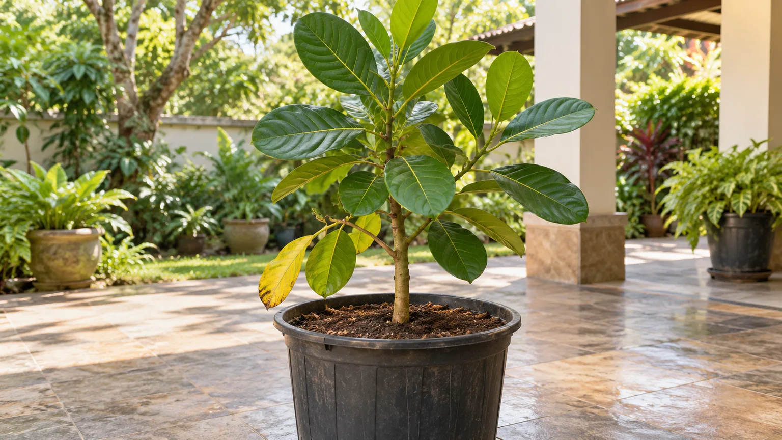 A young Jackfruit tree in a container with one lower yellowing leaf and damp soil, a mild sign of possible root-zone stress