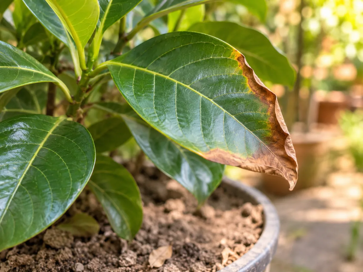Close-up of a Jackfruit leaf with a dry, crisp brown margin and dry potting mix in the background
