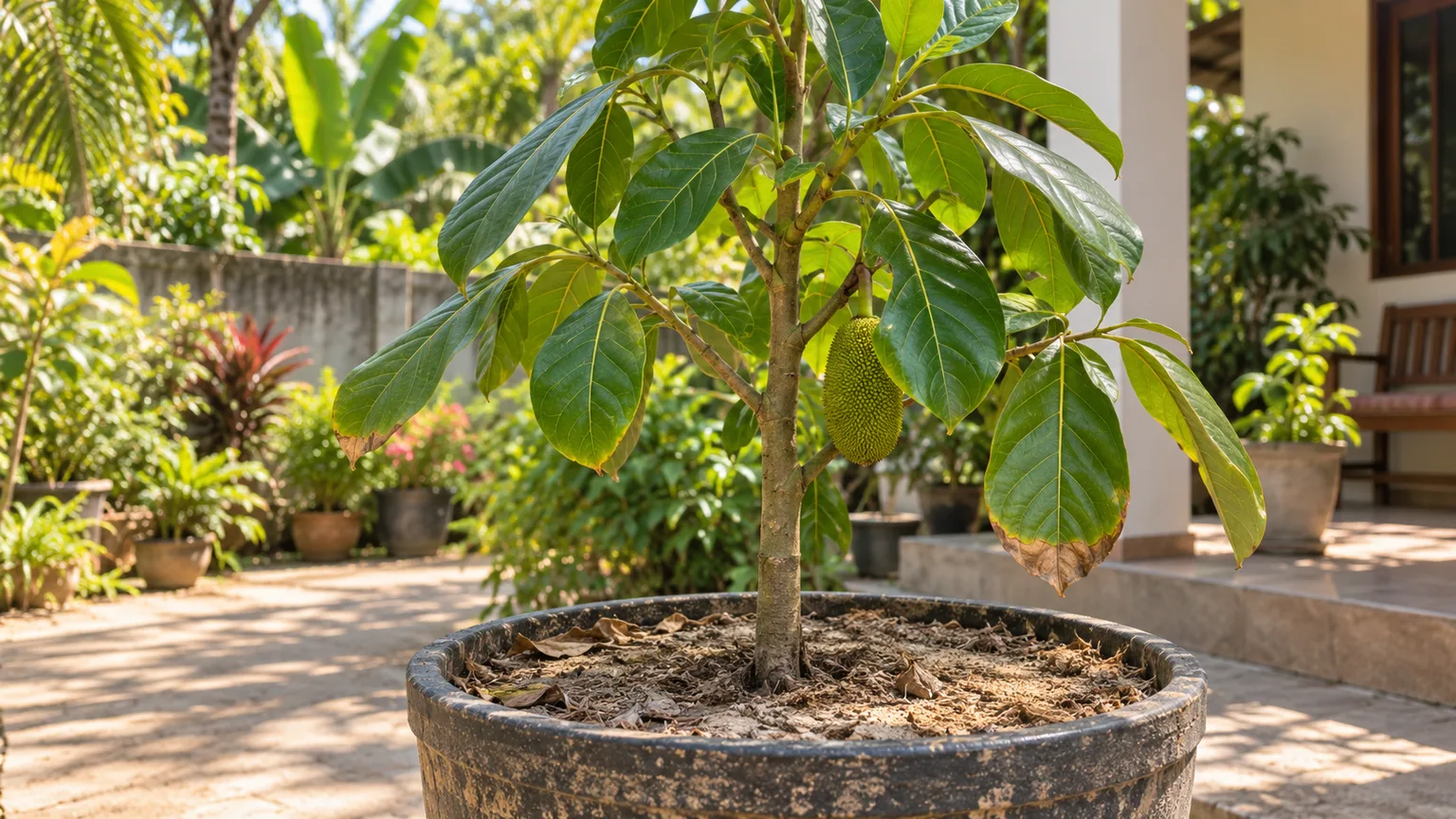 A young Jackfruit tree in a container with dry soil, mildly drooping leaves, and a few crisp brown margins