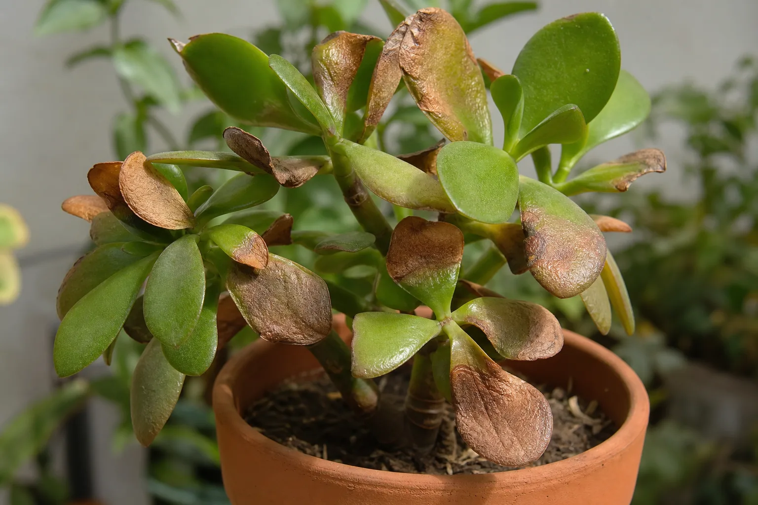 Brown Leaves on Jade Plant - visible symptom on the plant