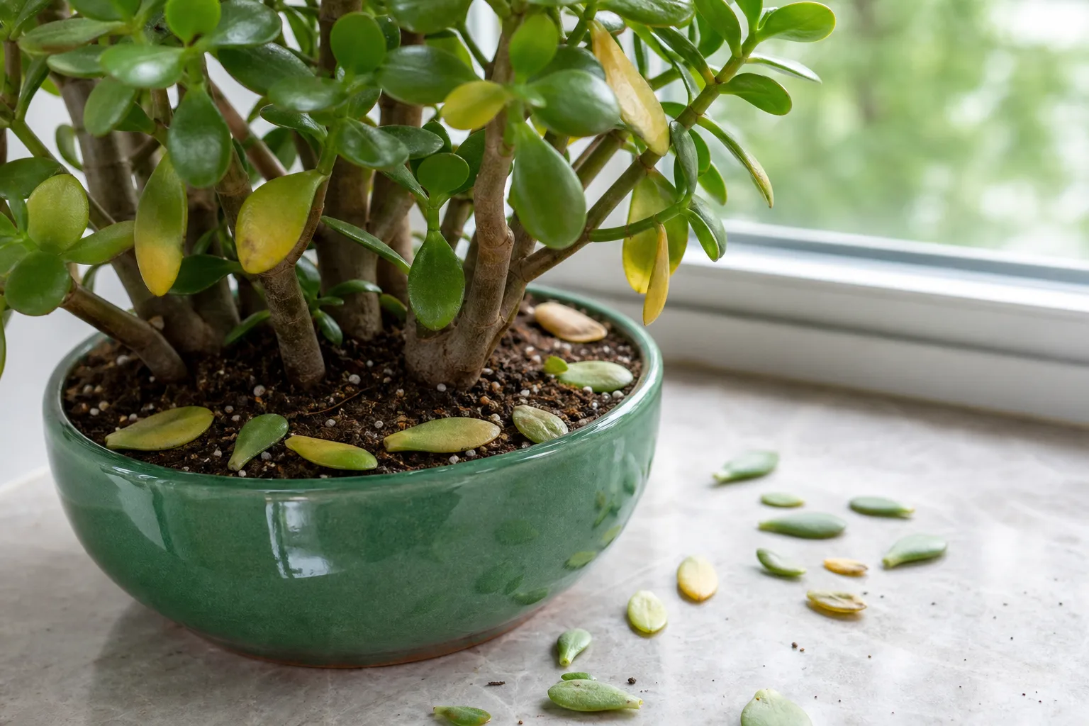Leaf Drop on Jade Plant - visible symptom on the plant