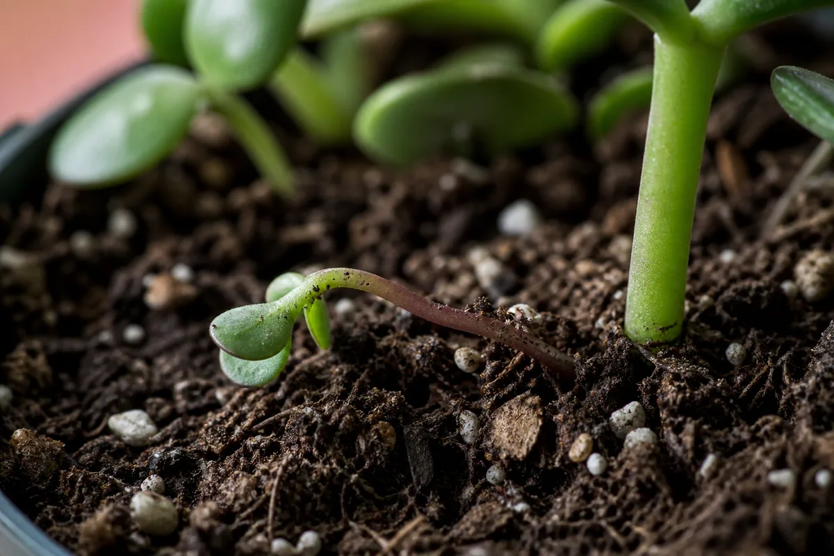 Close-up of Seedlings Falling Over on Jade Plant - diagnostic detail