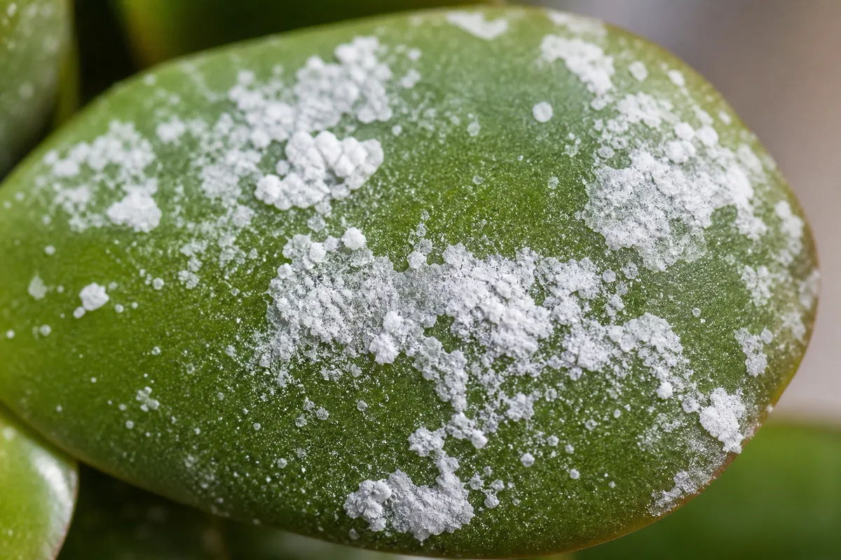 Close-up of White Spots on Jade Plant - diagnostic detail