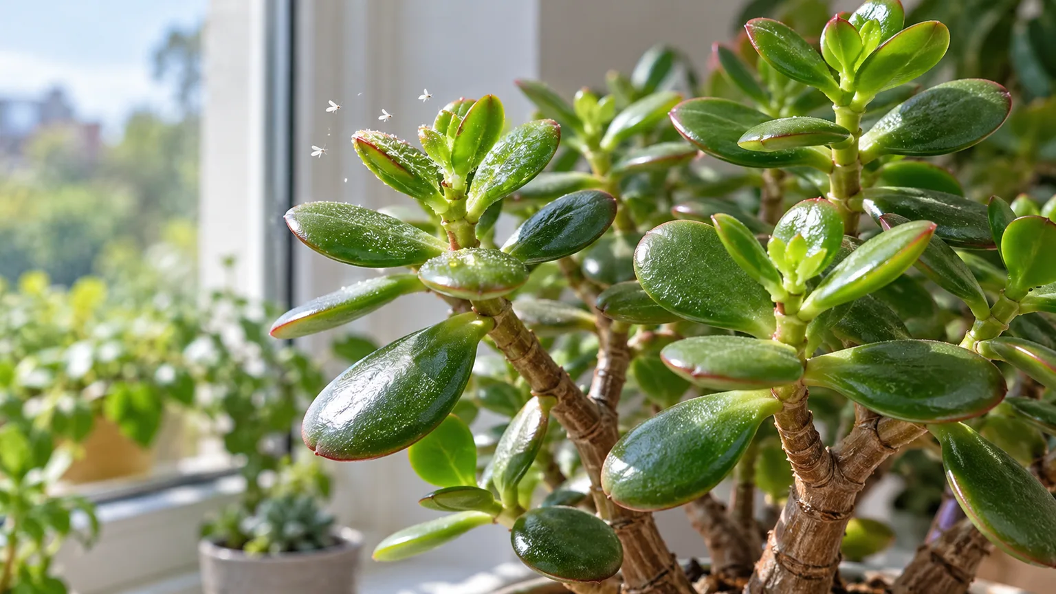 Whiteflies on Jade Plant - tiny white flies and sticky residue on thick succulent leaves
