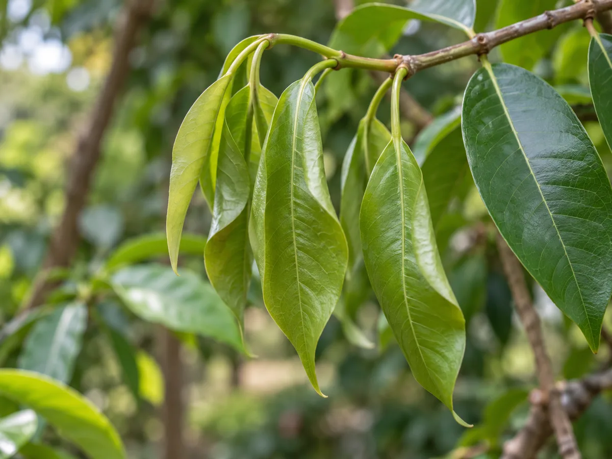 Close-up of drooping young Jamun leaves losing turgor