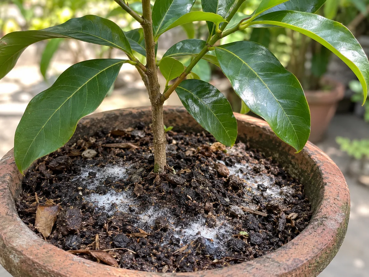 Close-up of white fuzzy surface mold on potting mix around a young Jamun tree
