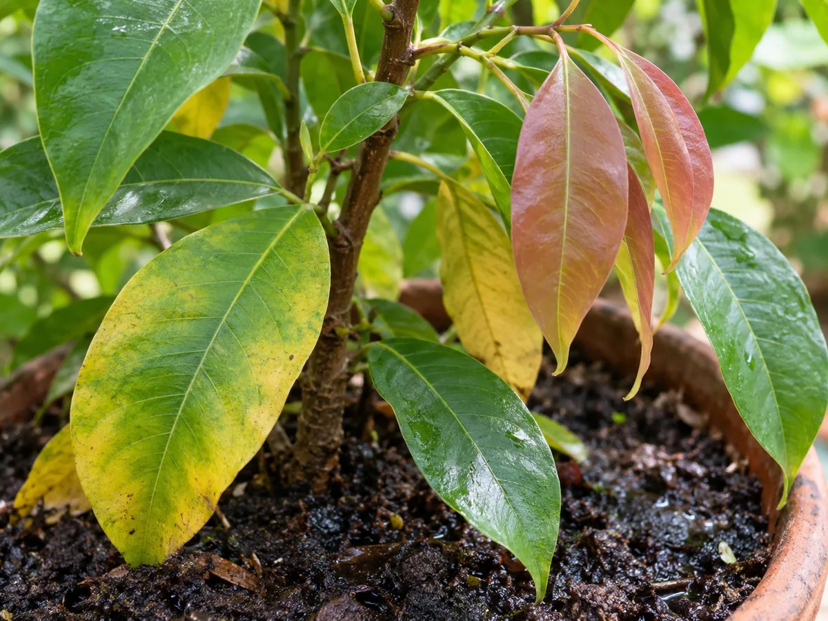 Close-up of overwatering damage on Jamun foliage and soggy mix surface